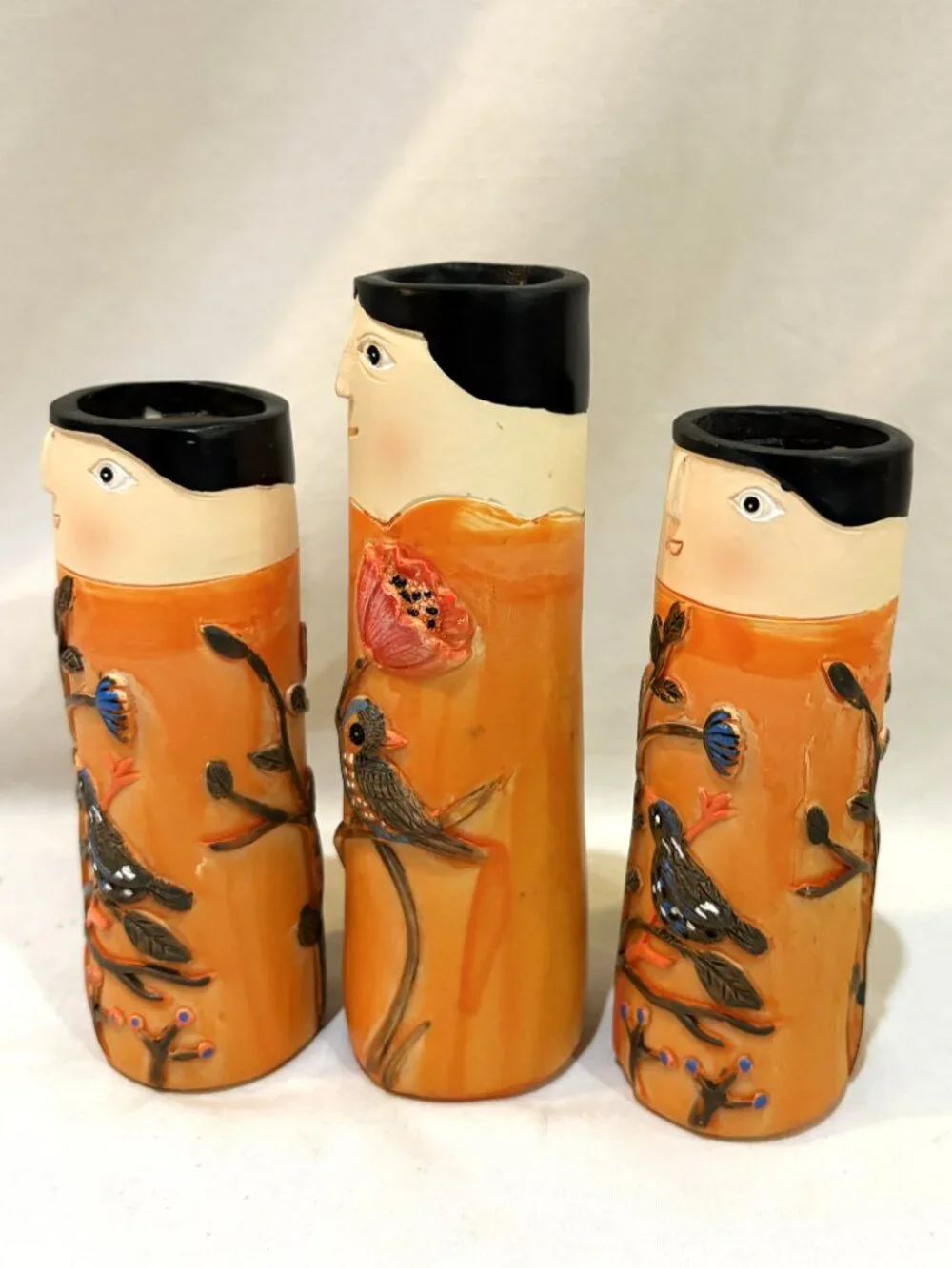 Set of 3 Spring Family Orange Bud Vases Resin Flowers & Birds Boho Style